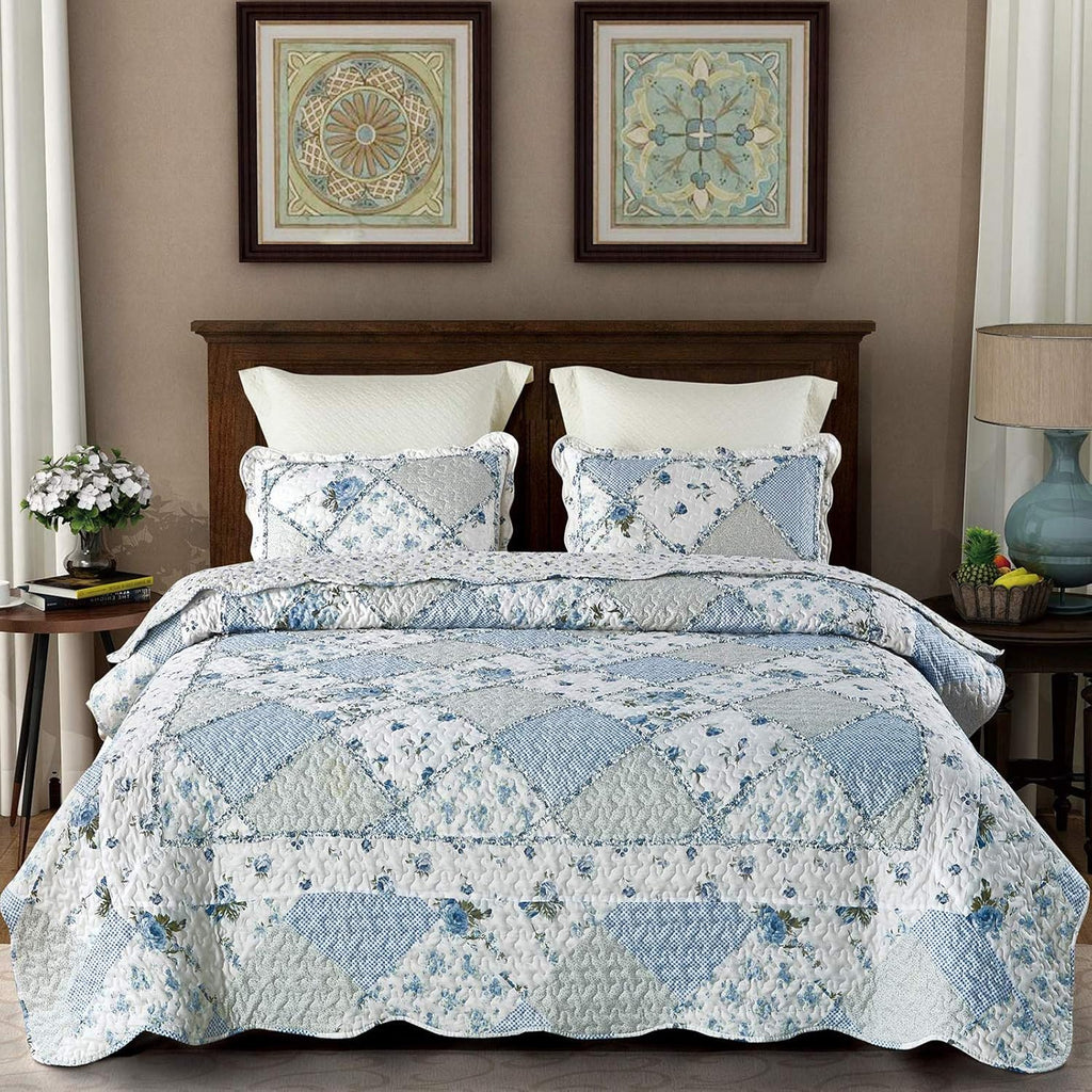 Blue Floral Patchwork Quilt Set, Full Queen, 3 Piece Bedding Set with 2 Pillowcases