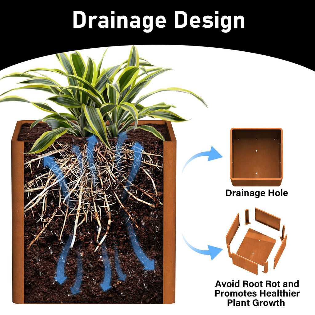 Square Corten Steel Planters 20" L x 20" W x 21" H, Pre-Rusted