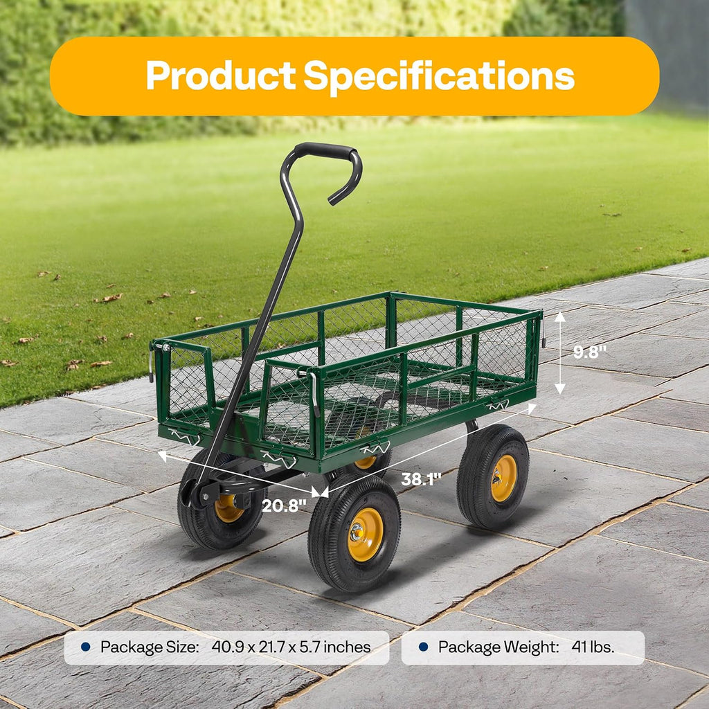 Heavy Duty 880 Lbs 4.5 Cu Ft Mesh Steel Garden Cart Utility Wagon | Removable Sides and 4.10/3.50-4" Wheels 10 inch