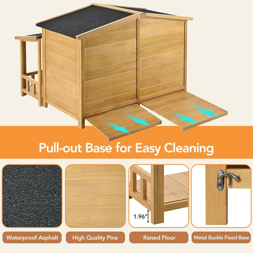 47.2" Medium Size Wooden Dog House with Porch Removable Door Curtain Pet Kennel Cabin Style Raised Dog Shelter