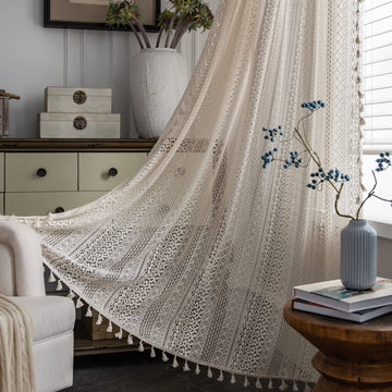 Beige Boho Lace Sheer Curtains 84 inches Long, Crochet Macrame Semi-Sheer Bohemian Drape with Tassels, Cream Farmhouse