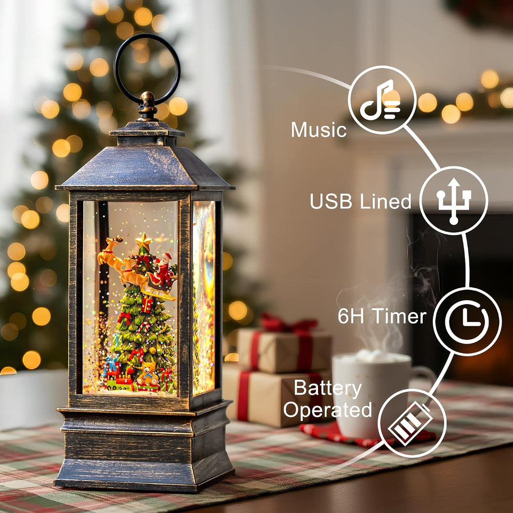 10.4" Christmas Snow Globe Flying Santa Around The Tree Water Lantern, Battery Operated or USB Powered Musical