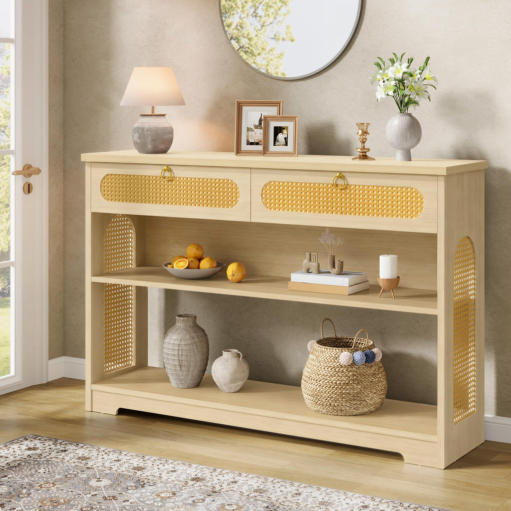 Rattan Console Table with 2 Drawers, 3-Tier Boho Woven Entryway Table with Back Panel and Open Storage Shelf, 40"