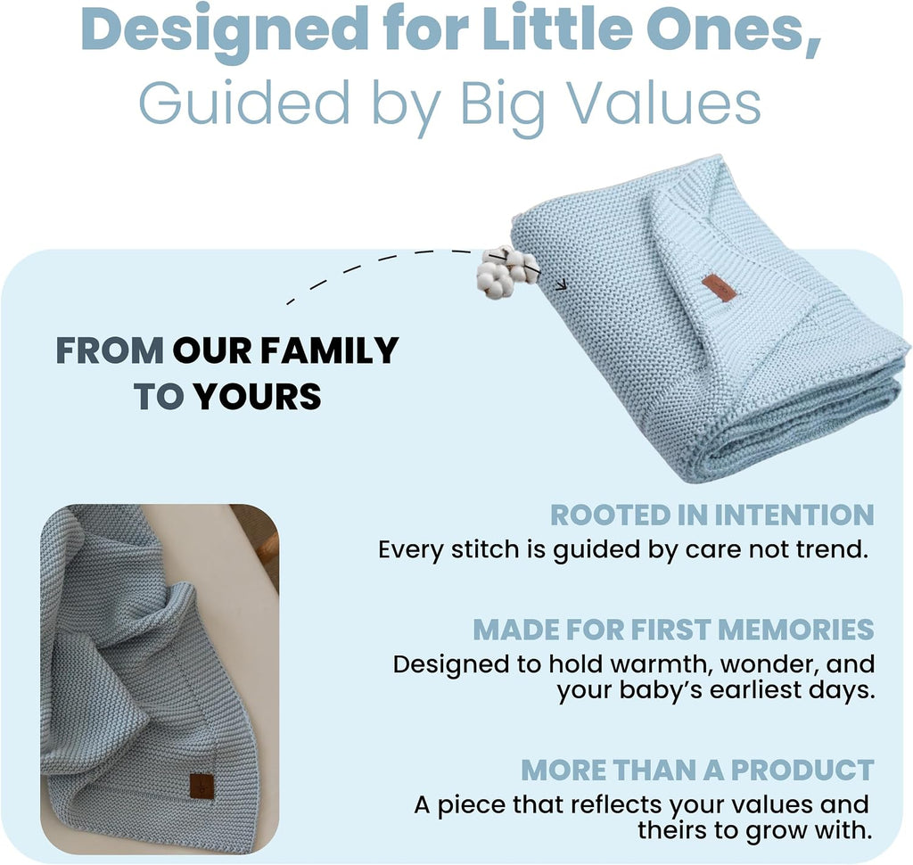 Organic Cotton Baby Blanket 30x40, Baby Blue - GOTS Certified, Soft Knit Swaddle with Gift Box, Breathable Nursery