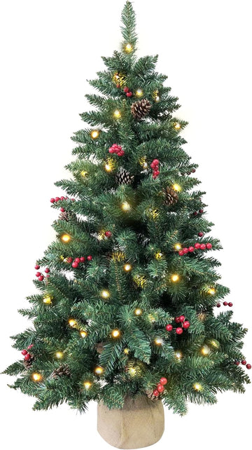 4ft Pre-lit Christmas Tree,Artificial Pine 300 PVC Branches Tips with 20 Red Berries & 20 Pinecone & 100 LED Lights &