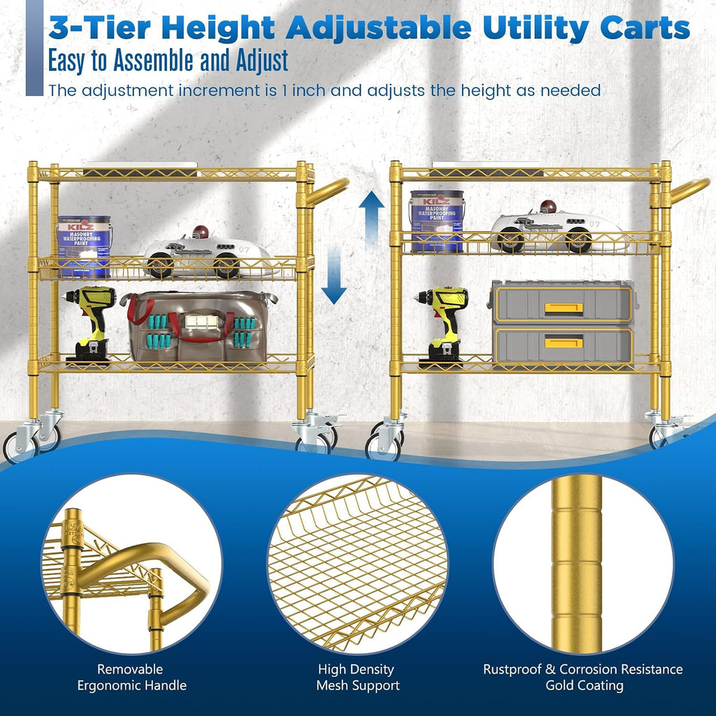 3 Tier Rolling Carts with Wheels, Heavy Duty Rolling Utility Cart | NSF Commercial Grade Metal Cart with Handle&Shelf