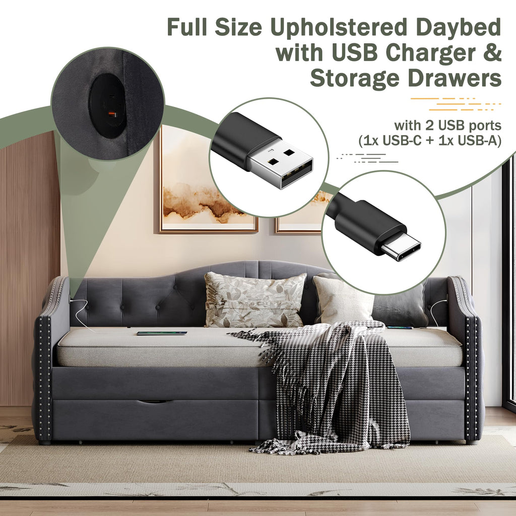 Full Size Daybed with Storage Drawers, Upholstered Daybed
