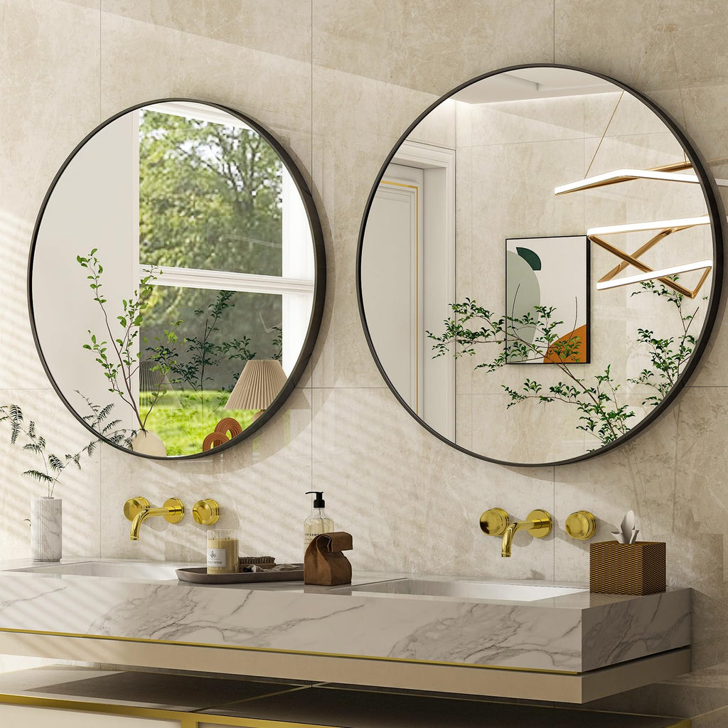 36 Inch Round Bathroom Mirror - Black Wall Mounted Circle Mirror with Metal Frame, Modern Round Hanging Mirror