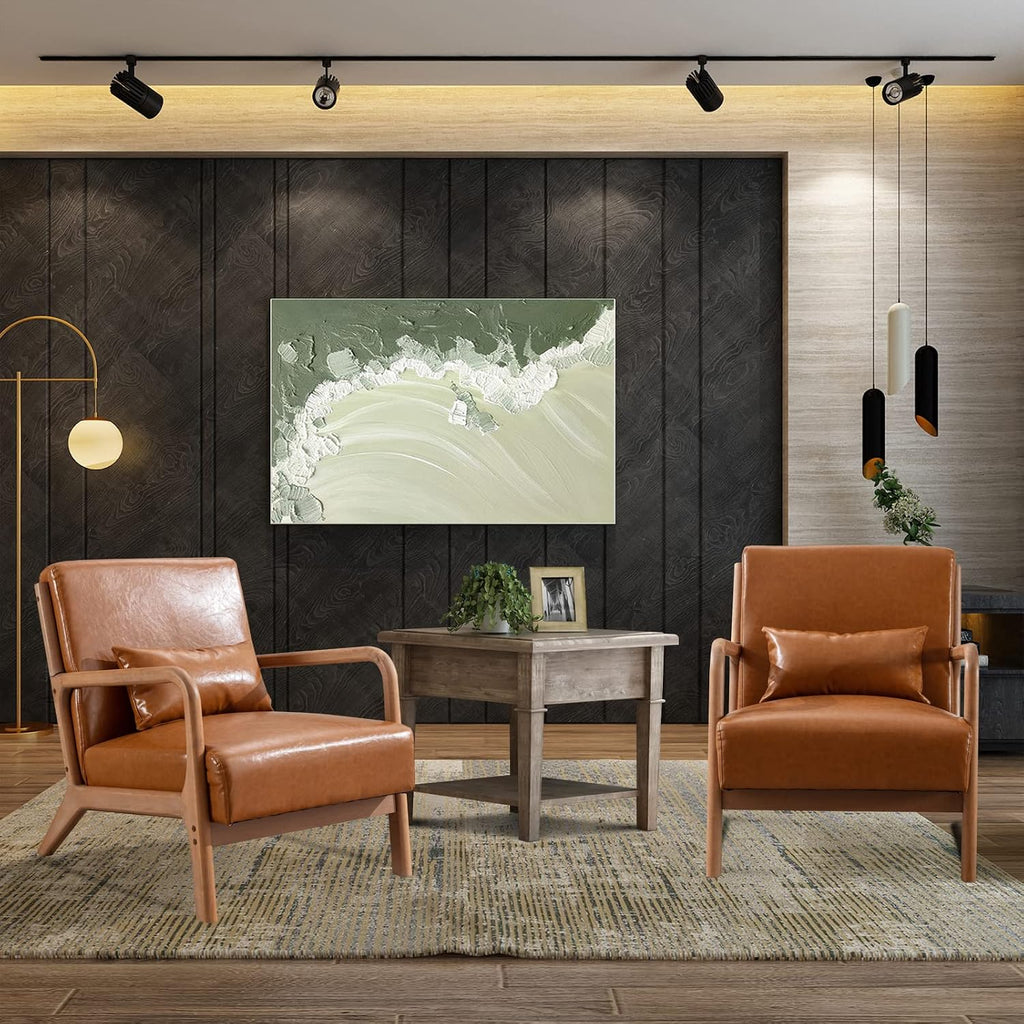 Mid Century Modern Accent Chair with Wood Frame, PU Leather Reading Armchair with Waist Cushion, Upholstered Living