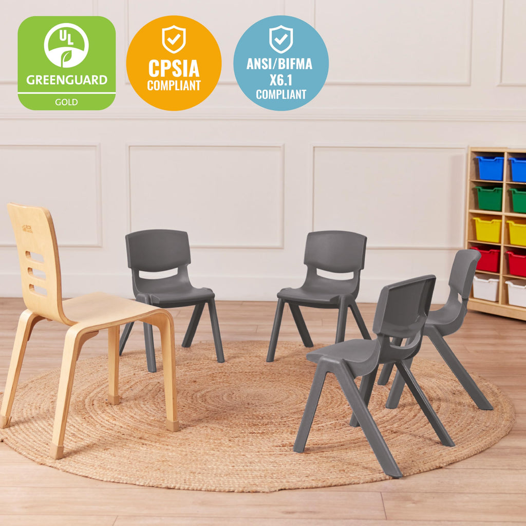 12in Plastic School Stack Chair, Classroom Furniture, Grey, 4-Pack