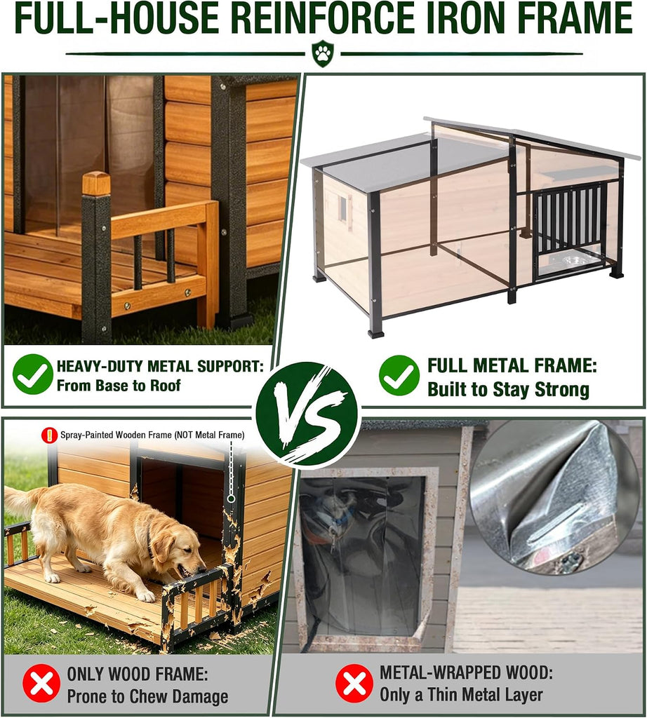 Extra Large Heated Dog House Outdoor with Iron Frame and Rotating Bowls