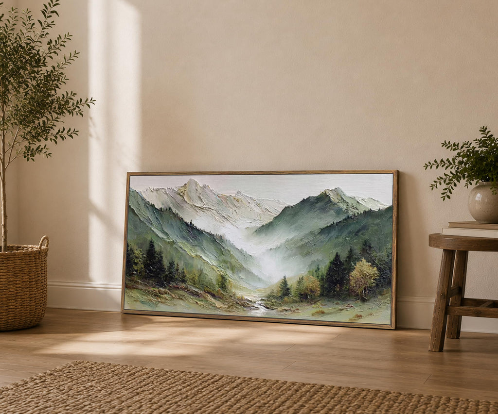 Large Framed Mountain Landscape Wall Art with Wooden Frame, Misty Forest Valley Nature Canvas Painting, Rustic Nature
