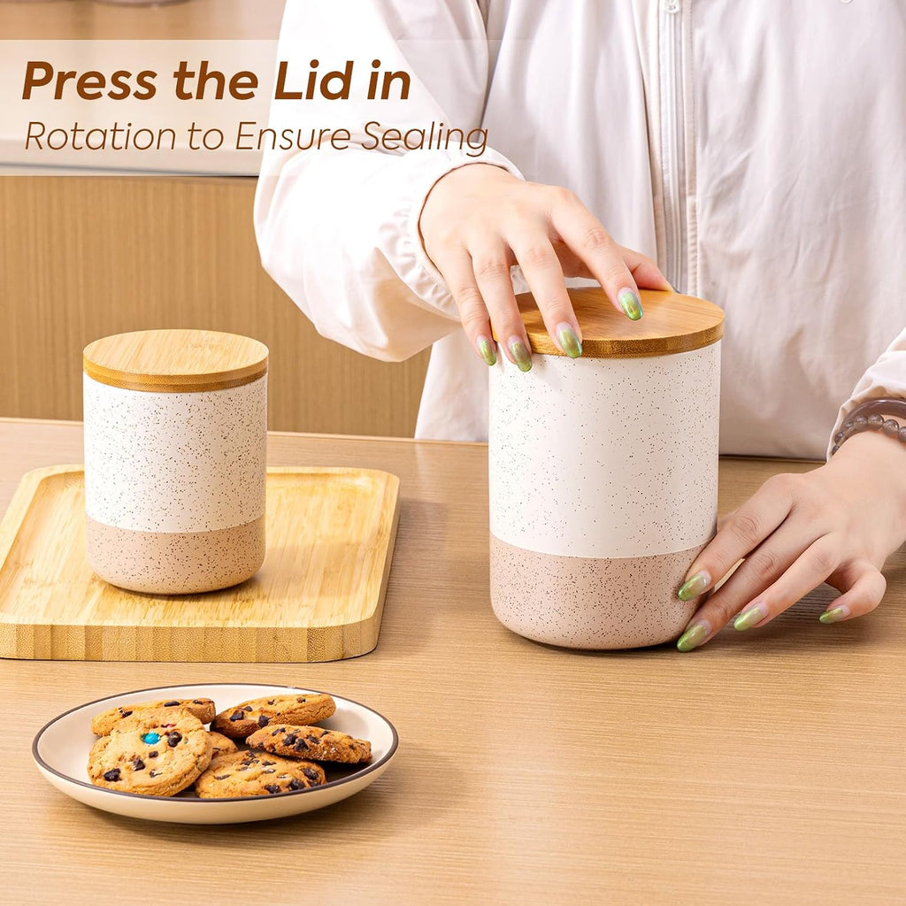 Canisters Sets Countertop Ceramic Kitchen Canisters Food Storage Jar with Airtight Wood Lids & Spoons & - Set of 4