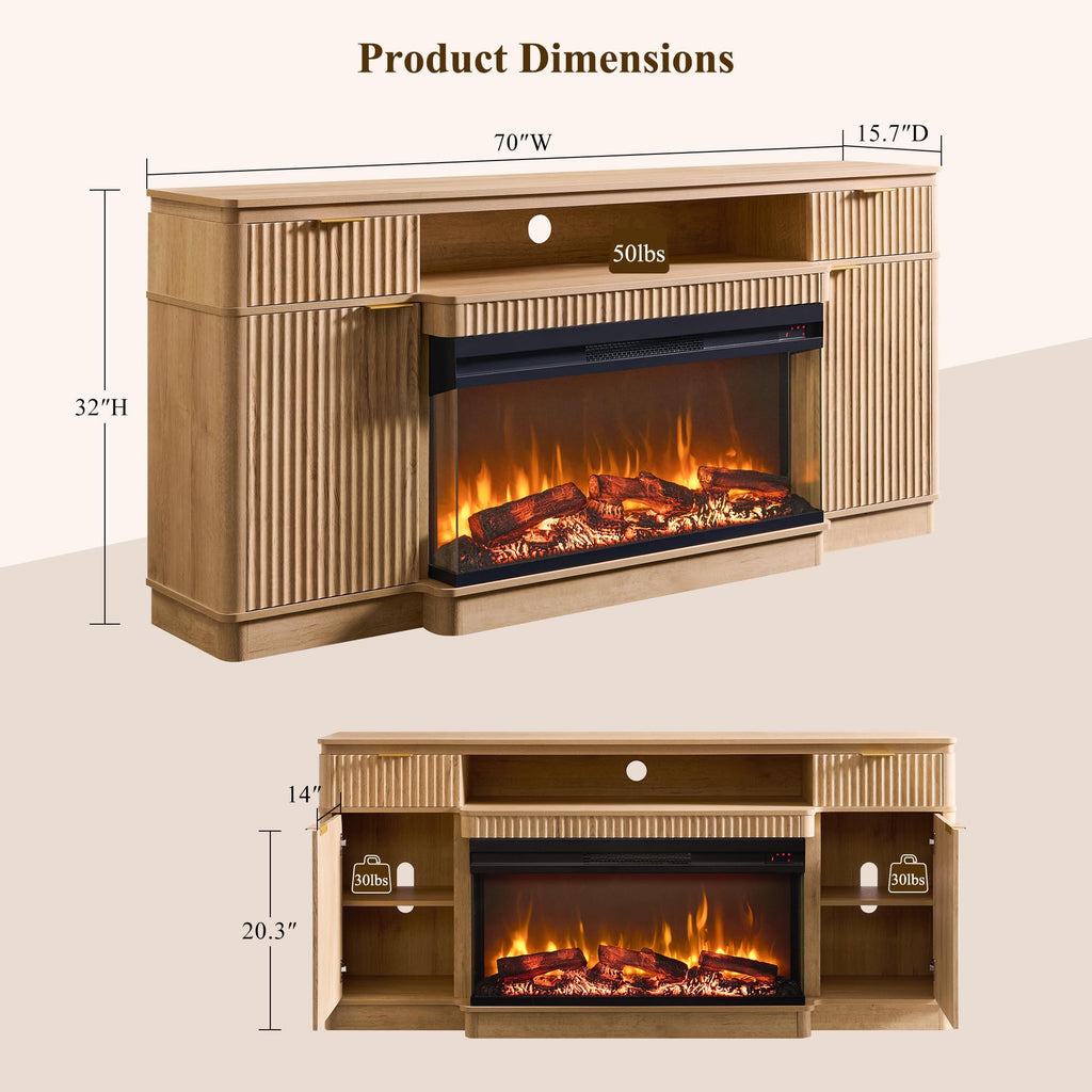 70'' Fireplace TV Stand with Storage, Fluted Media Console, Natural Oak