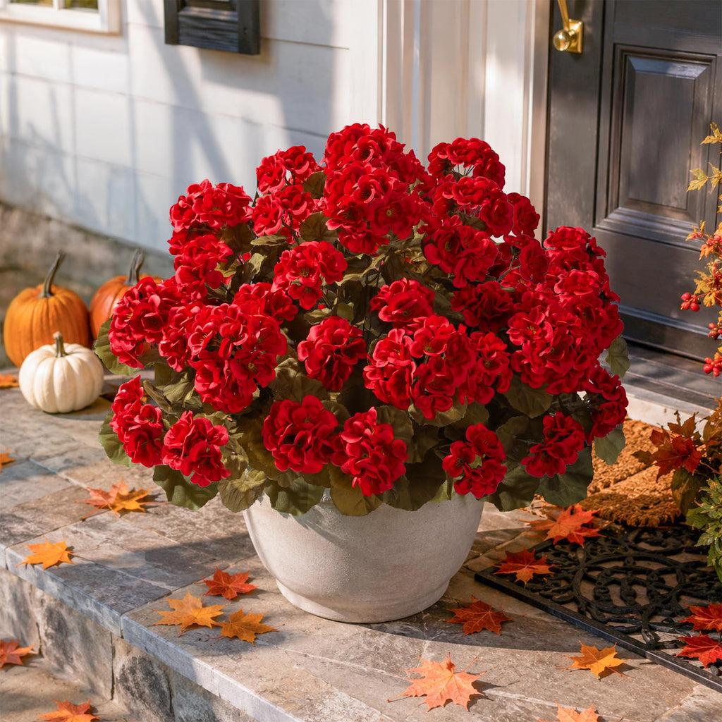 Fake Geraniums Burgundy Fall Flowers Artificial Flowers for Outdoors Autumn Decor, 6 Bundles Silk Geraniums Fake