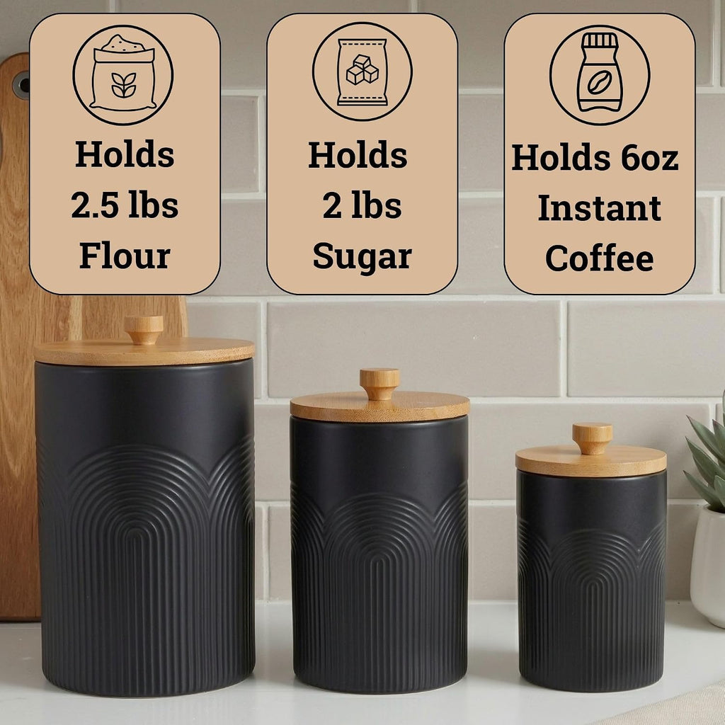 Ceramic Kitchen Canisters for Countertop w/ Airtight Bamboo Lids - Set of 3