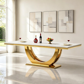 94" Faux Marble Dining Table for 8-10 Gold Stainless Steel Base