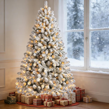 7ft Snow-Flocked Artificial Christmas Tree, LED pre-lit Holiday Xmas Tree Party Decoration with 1100 PE&PVC Hinged