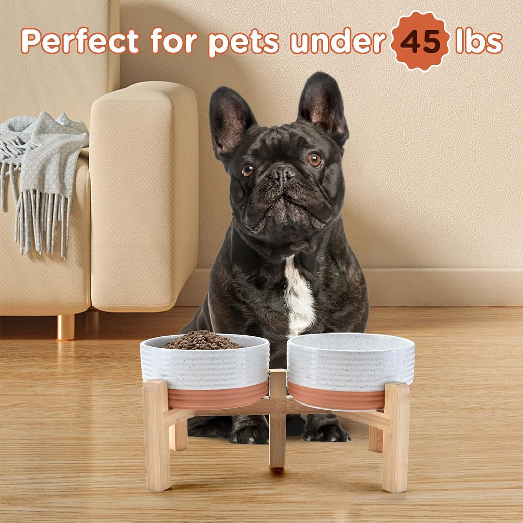 Elevated Dog Bowls Ceramic, 6.1'' Dogs and Cat Food Water Bowls Raised with Non-Slip Bamboo Stand for Medium Sized