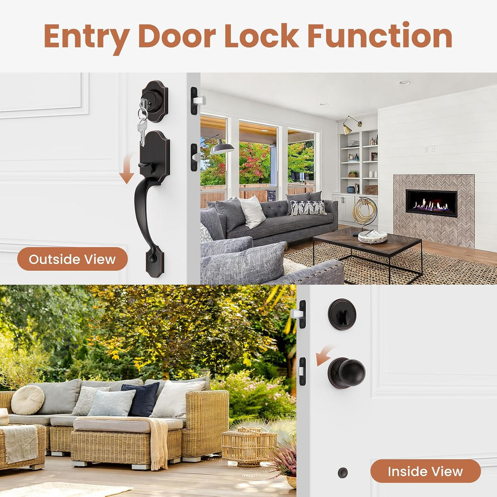 Entry Door Lock and Deadbolt Set, Aged Bronze Exterior Door Handle with Interior Door Knob for Entry Doors, Front