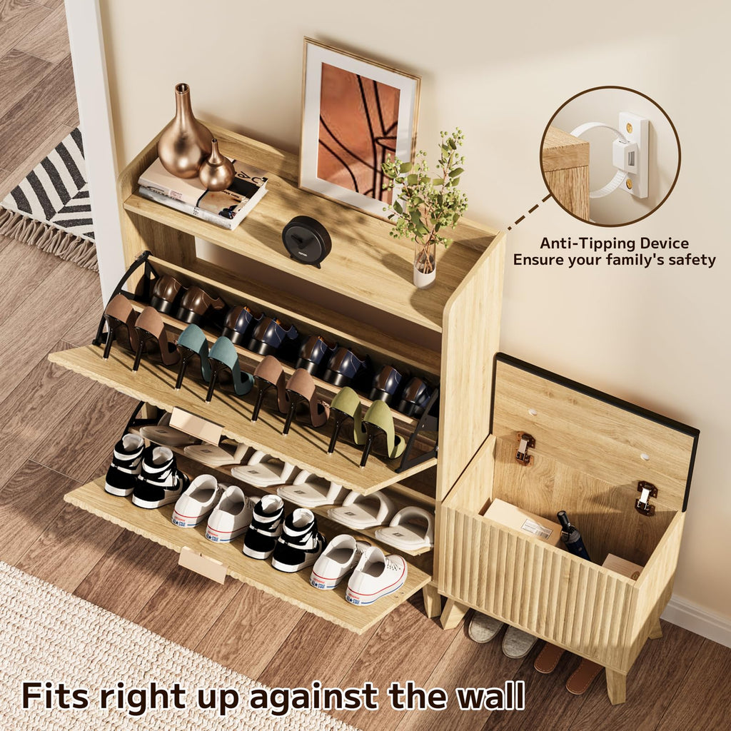 Shoe Cabinet with Bench, Fluted Entryway Shoe Storage with 2 Flip Drawers, Narrow Hidden Organizer, Adjustable Shelf