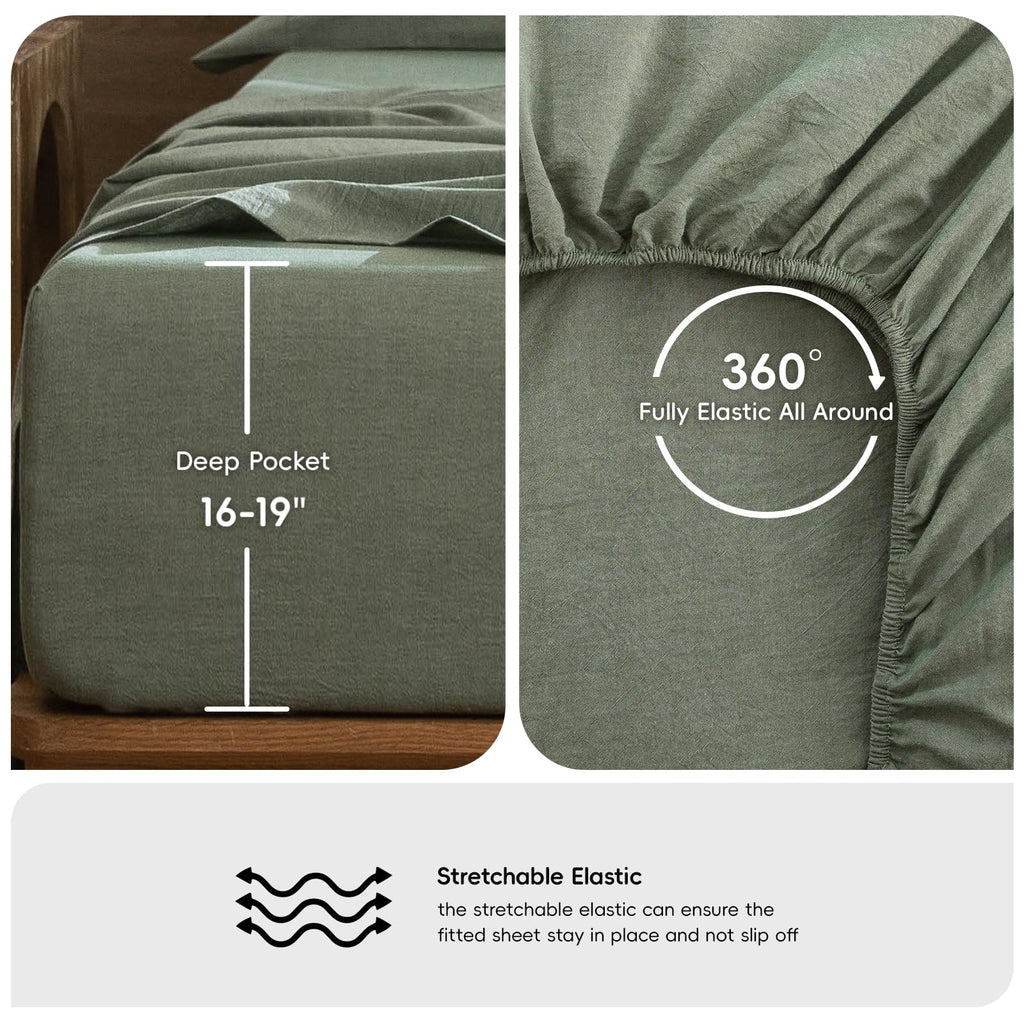 Sheet Set 100% Washed Cotton Linen-Like Extra Deep Pocket Queen