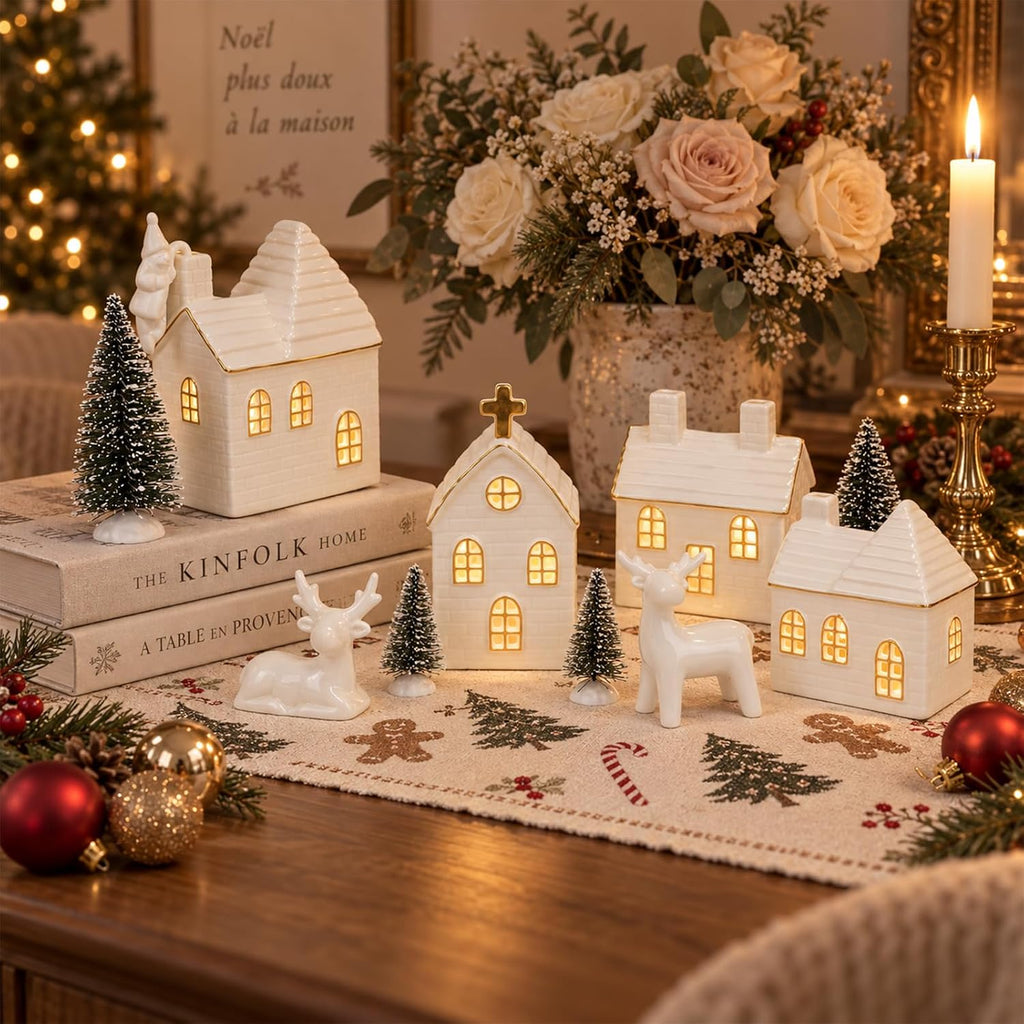 Christmas Village Set, 16-Piece Ceramic Light Up Houses and Pine Trees