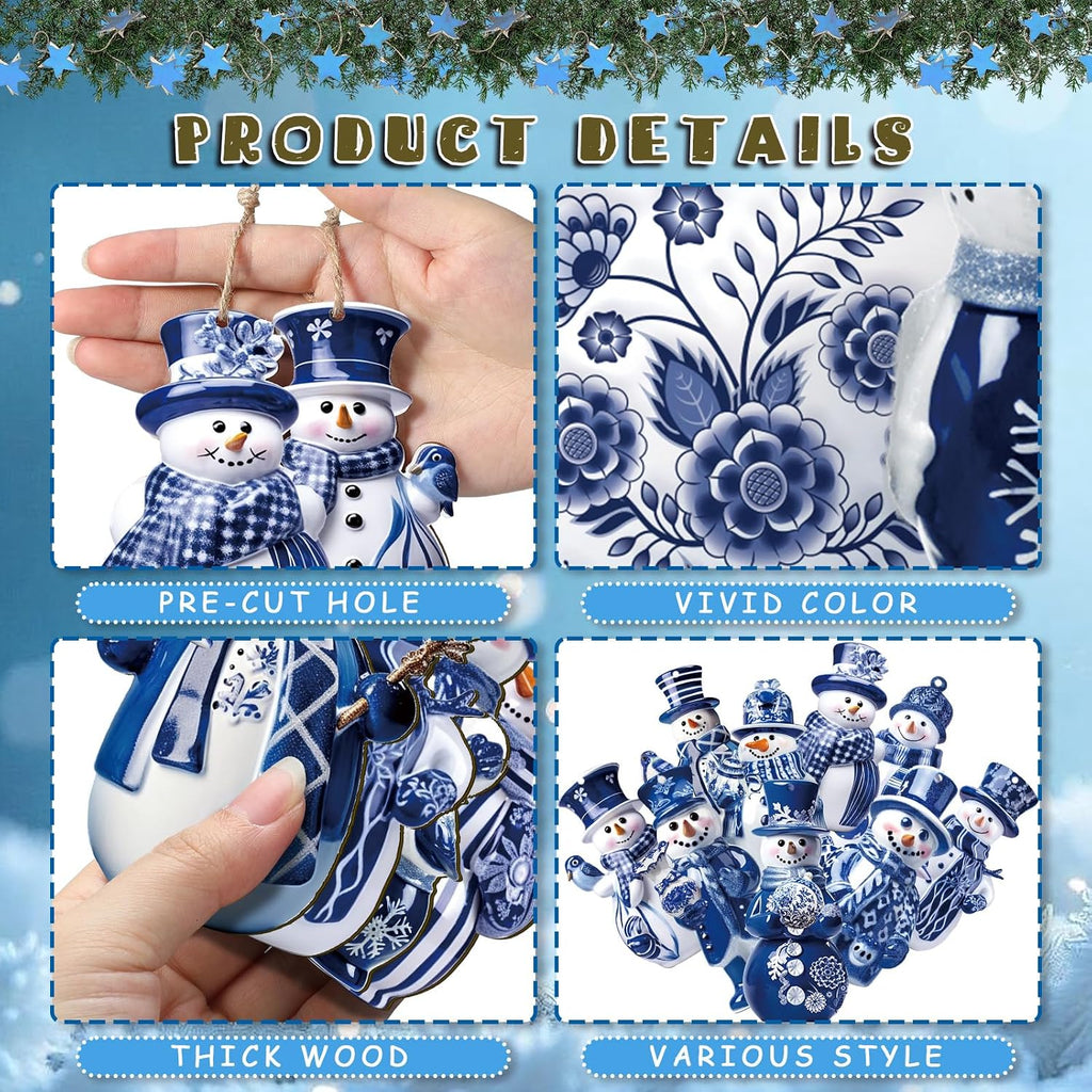 Blue and White Christmas Porcelain Snowman Ornaments for Tree Blue and White Porcelain Christmas Decoration - Set of 36