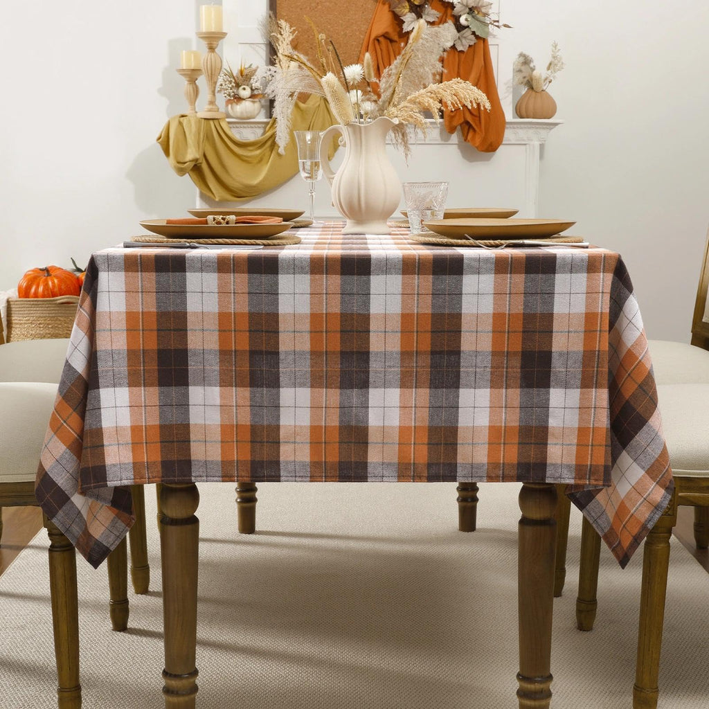 Fall Checkered Tablecloth Rectangle, 60 x 84 Inch, Brown