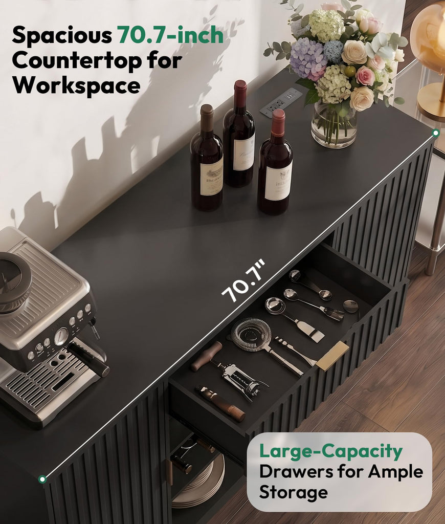 71" Coffee Bar Cabinet with 2 Fridge Space, Wine Racks & Holder