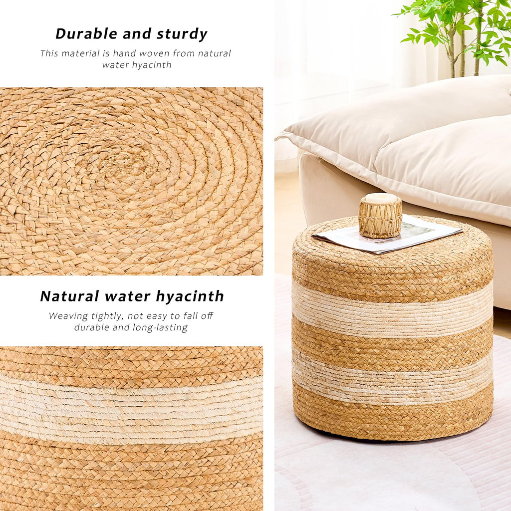 Handwoven Ottoman Pouf, Natural Water Hyacinth Footstool, Round Braided Outdoor Seat with Sturdy Frame, Boho Accent