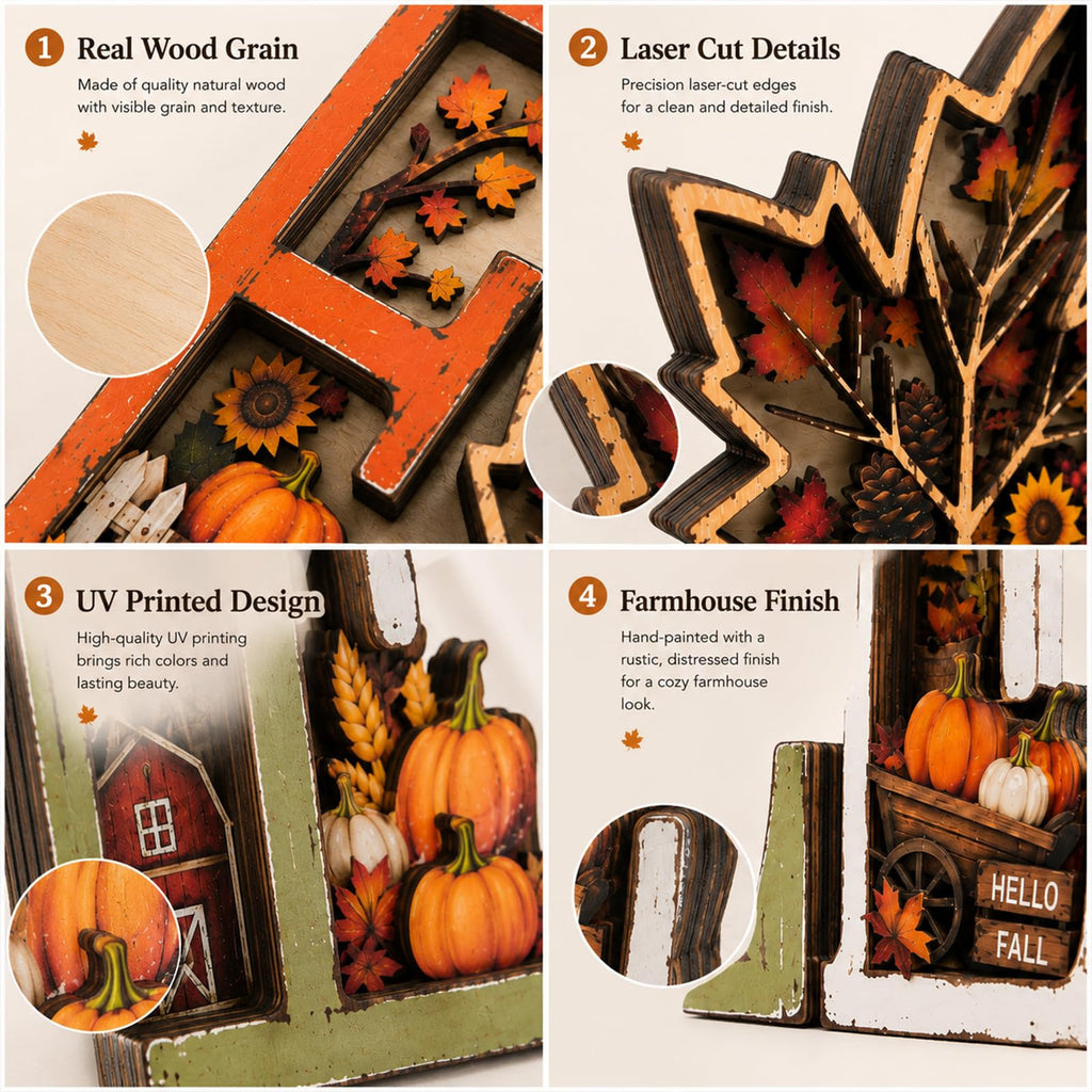 Fall Decorations 2026, 3D Wooden Fall Decor with Harvest Autumn Sign Leaf Pumpkin Scene, Rustic Thanksgiving Tabletop