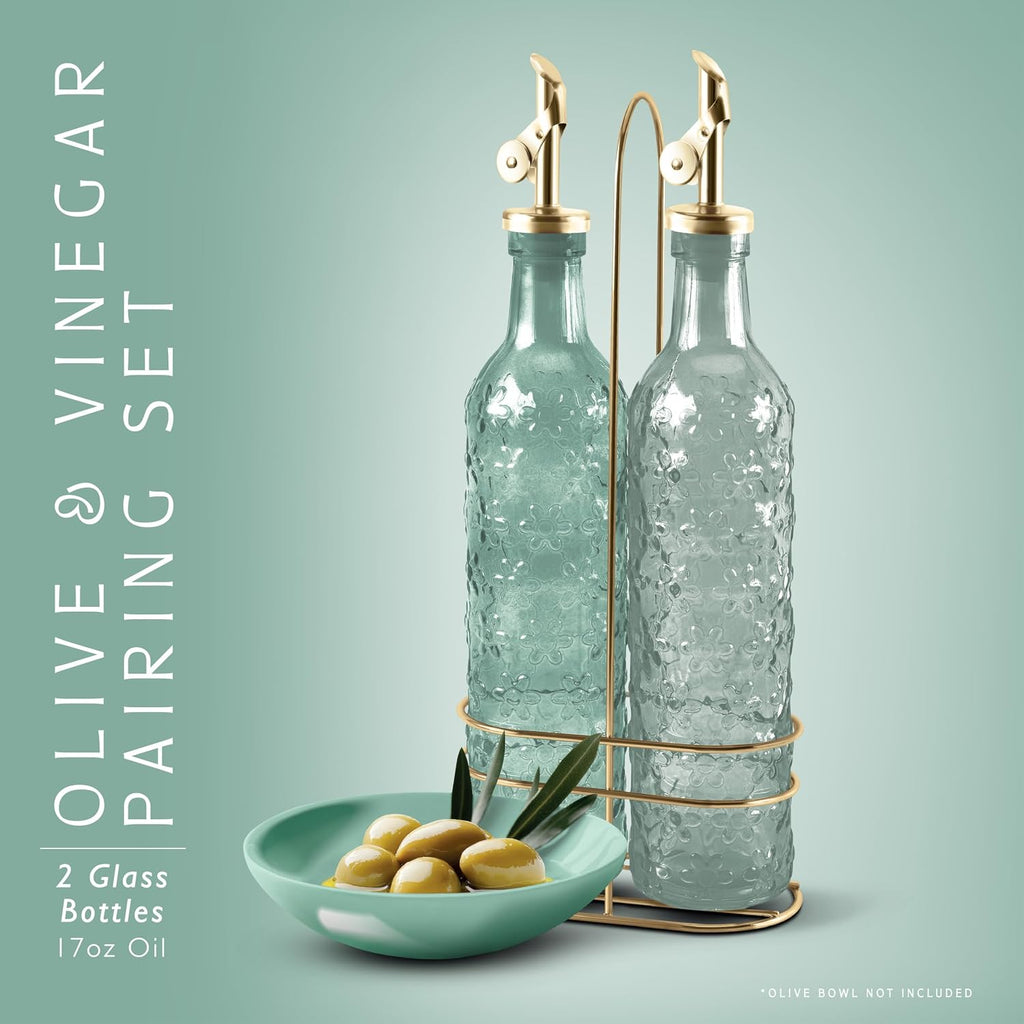 Glass Olive Oil Bottle Dispenser - 2 Pack- 17oz Oil and Vinegar Cruet - Olive Oil Carafe Decanter, Floral, Green - Set of 2