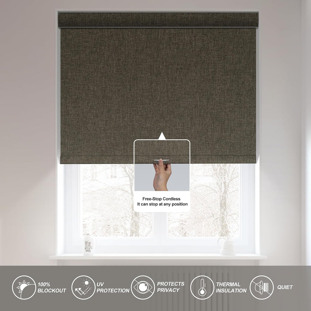 Blackout Roller Shades for Indoor Windows, Pull Down Roller Blinds Cordless, Linen Fabric, Thermal Insulated UV