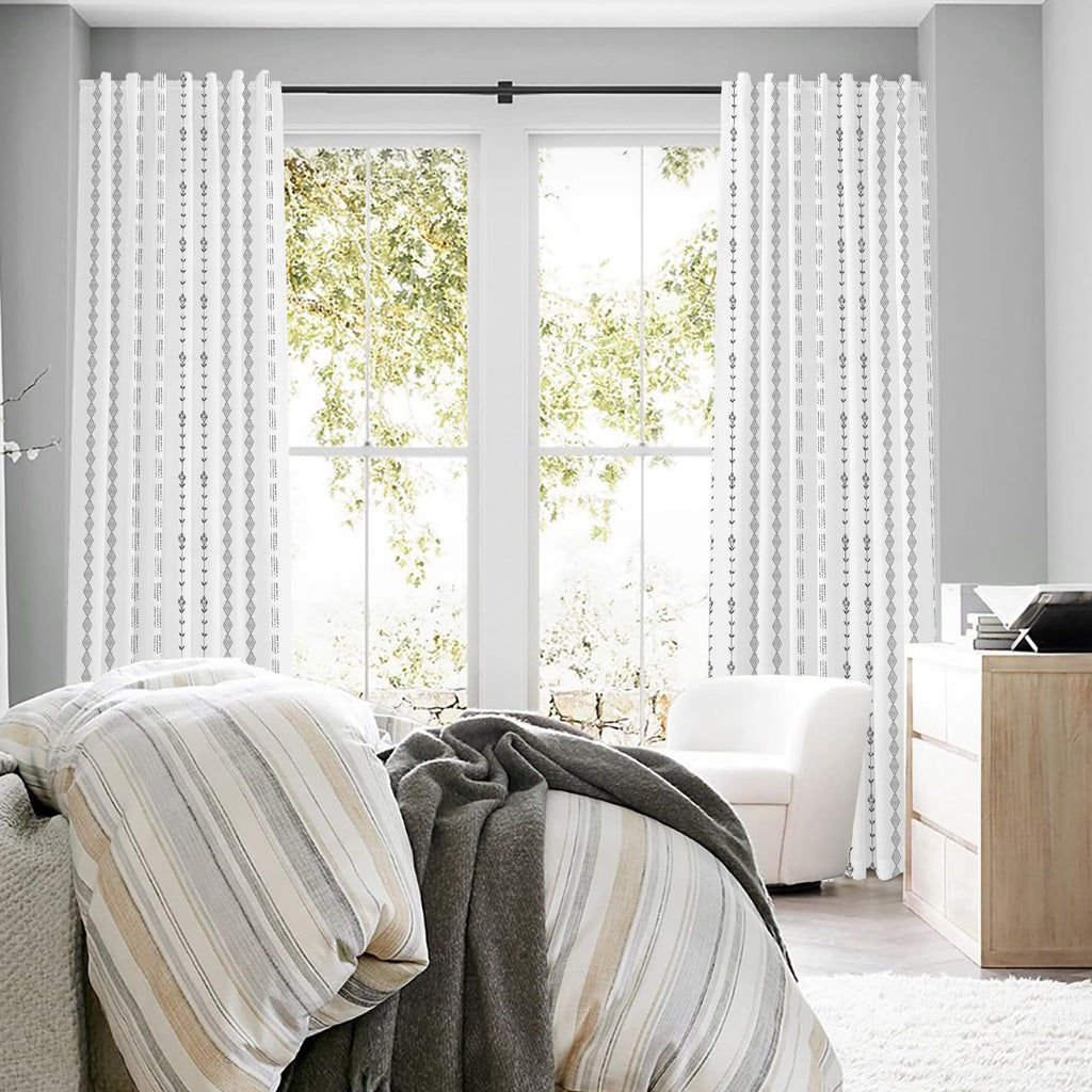 Black and White Boho Sheer Curtains Living Room, Modern Farmhouse Light Filtering Linen Aztec Floral Design Pattern