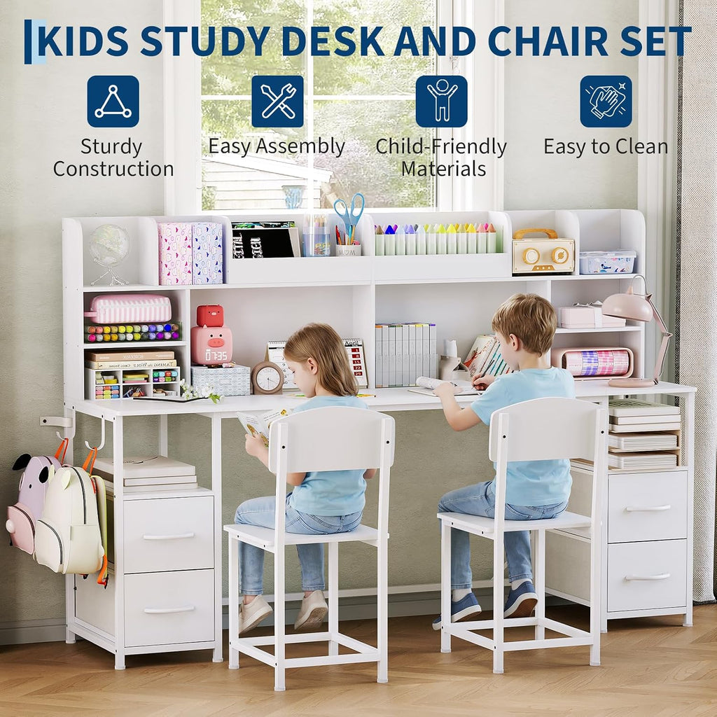 69" Double Kids Desk and Chair Set with Hutch & 4 Storage Drawers