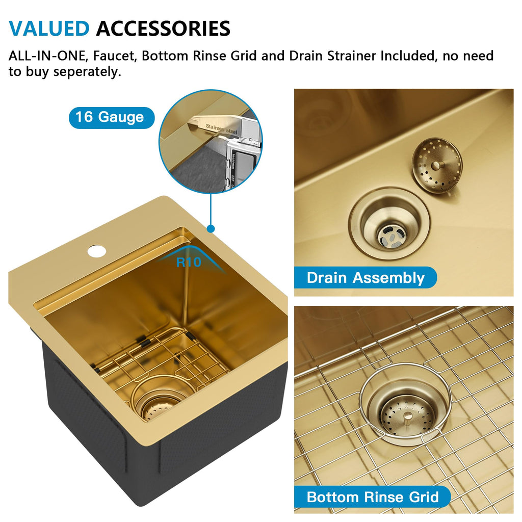 13"x15" Gold Bar Prep Sink Drop In Top Mount Workstation