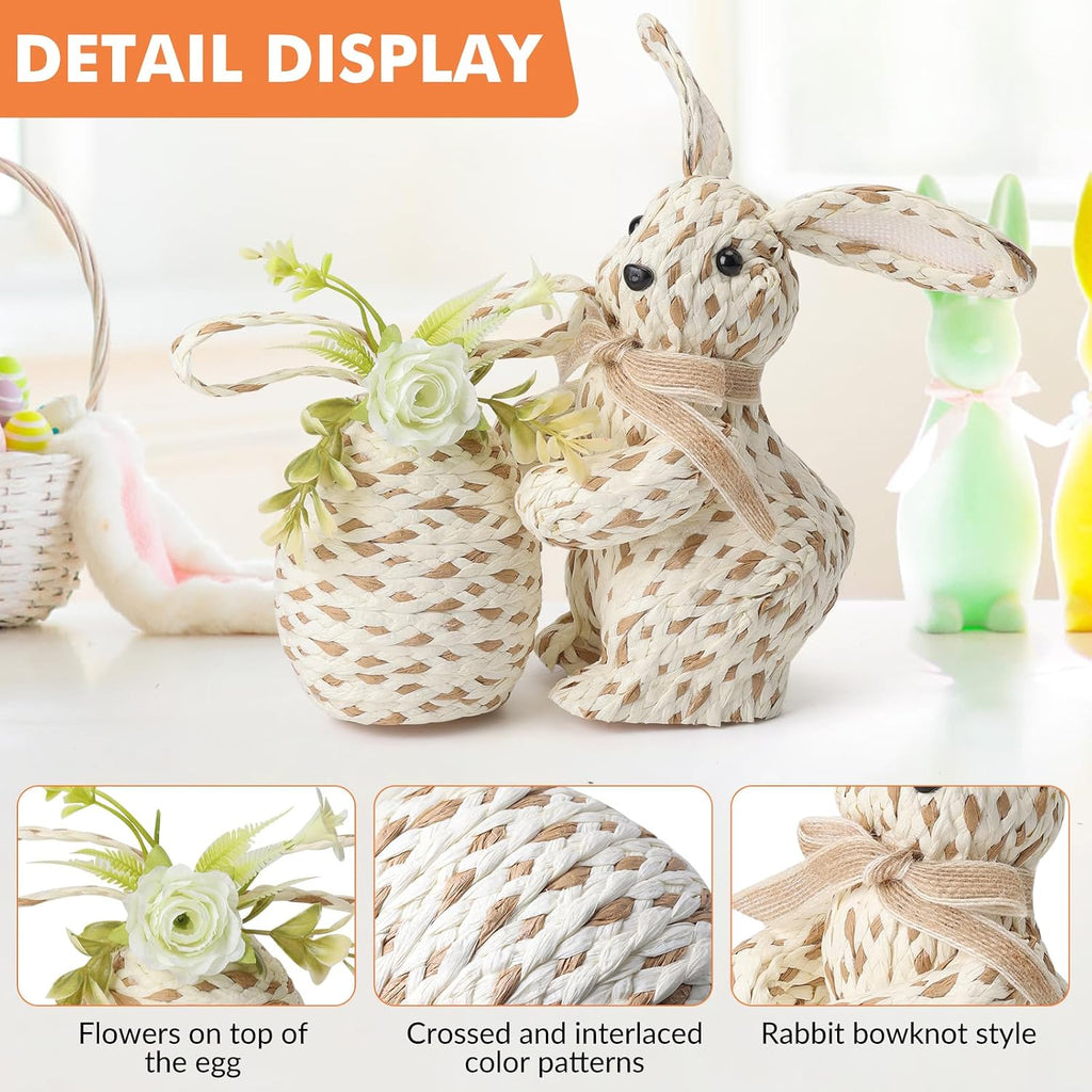 Handwoven Easter Decor, Rattan Bunny with Fixed Floral Egg Ornament, Farmhouse Spring Woven Decor - Set of 2