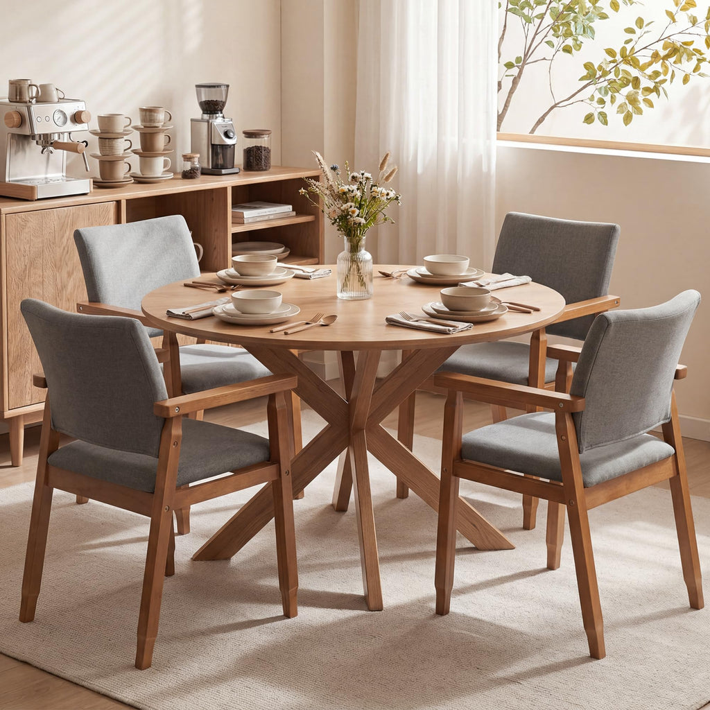 Mid-Century Modern Linen Dining Chair with Arms, Solid Wood Frame, 320 lbs Weight Capacity, Upholstered Accent Chair