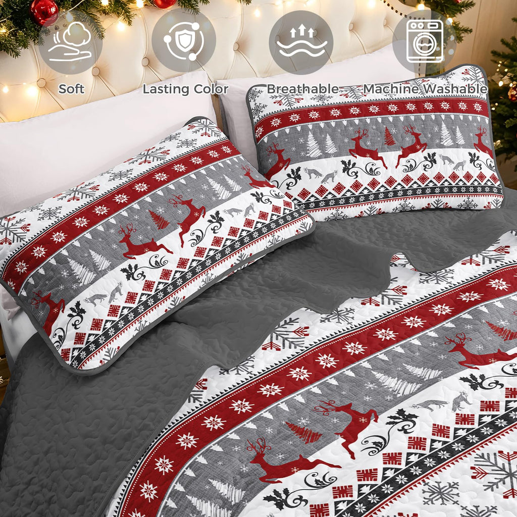 King Size Christmas Quilts, Striped Xmas Bedspread, Red White
