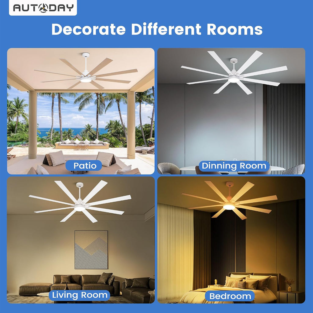 72" Ceiling Fan with LED Light and Remote - White / Light Natural Wood