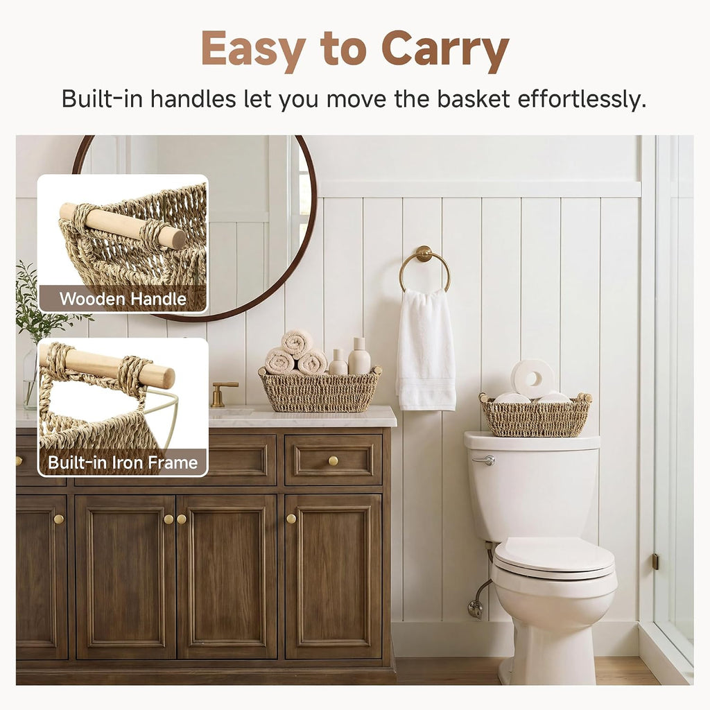 Small Baskets for Shelf, Seagrass Woven Basket with Wooden Handles for Gifts, 2-Pack