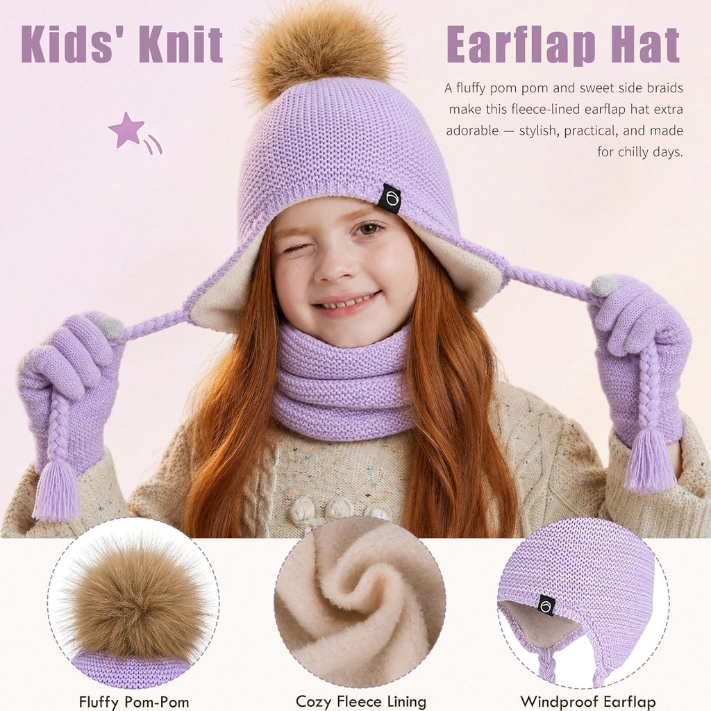 Kids Winter Hat Gloves Scarf Set Warm Earflaps Soft Fleece Lined