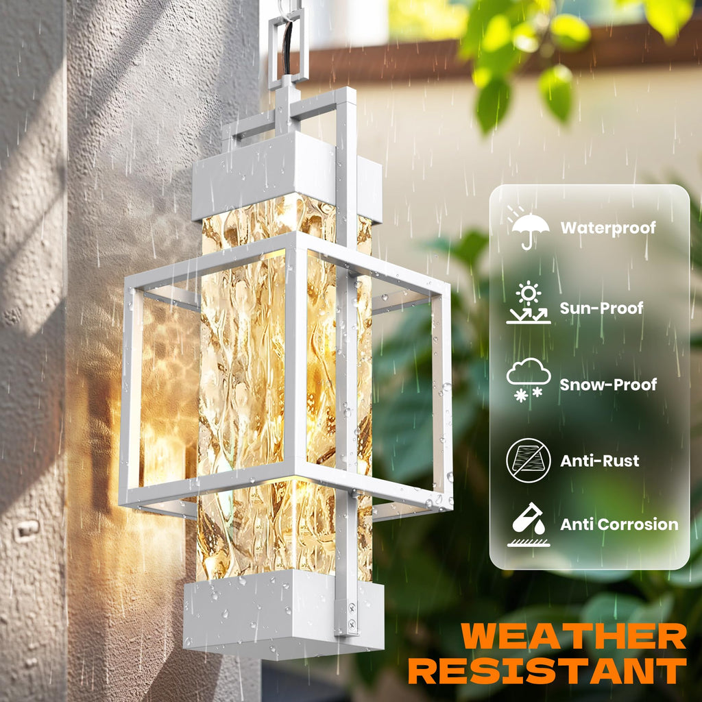 15'' White Outdoor Indoor Pendant Celing Light Fixture, Modern Exterior Hanging Chandelier Porch Lights, Aluminum