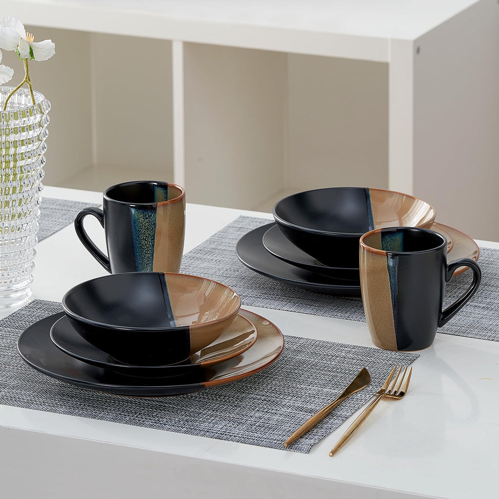 Beston Stoneware Dinnerware Sets Service for 4, 16 pcs Reactive Glaze Plates and Bowls Sets, Handmade Ceramic Dish