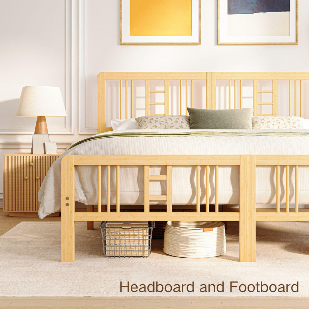 10 Inch High Solid Bamboo Wood King Size Bed Frame with Headboard and Footboard, Platform King Bed Frame with Metal