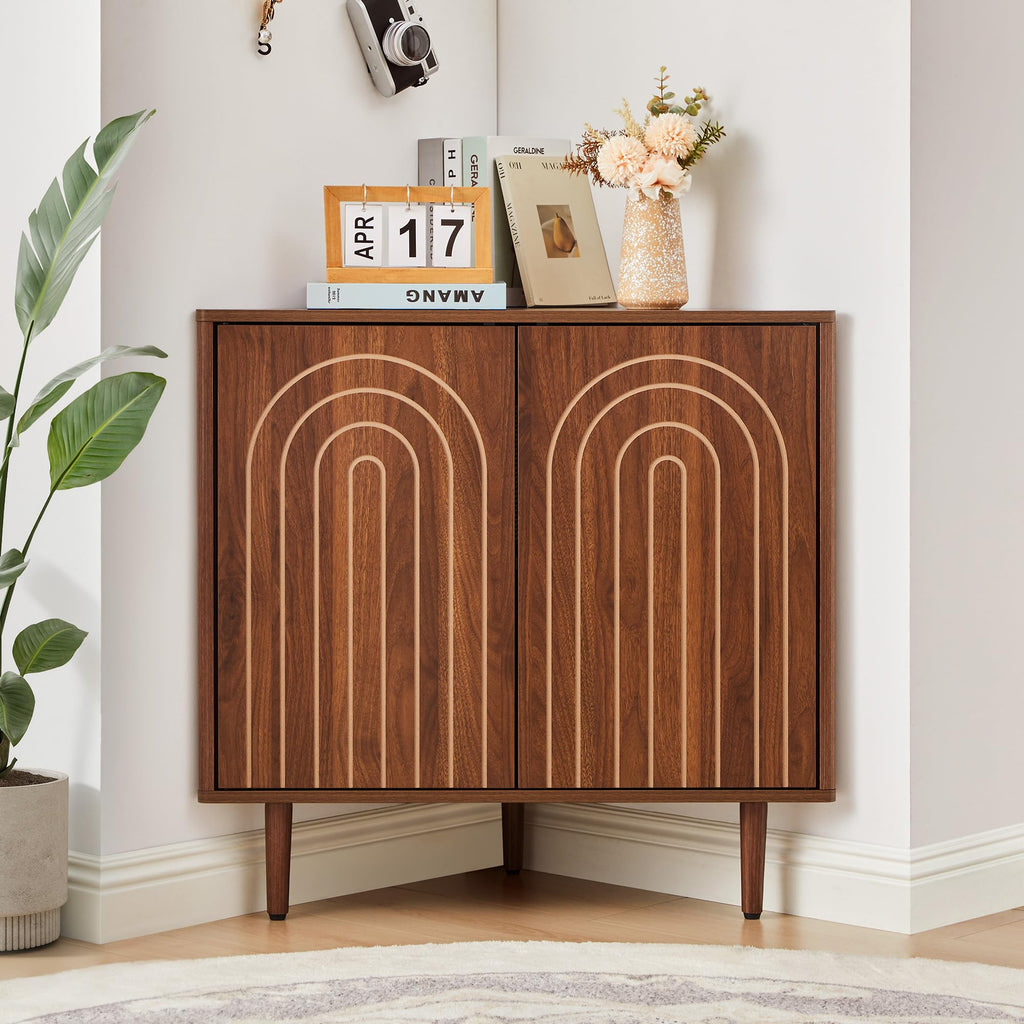 31" Corner Storage Cabinet, Arched Fluted Corner Sideboard with Doors
