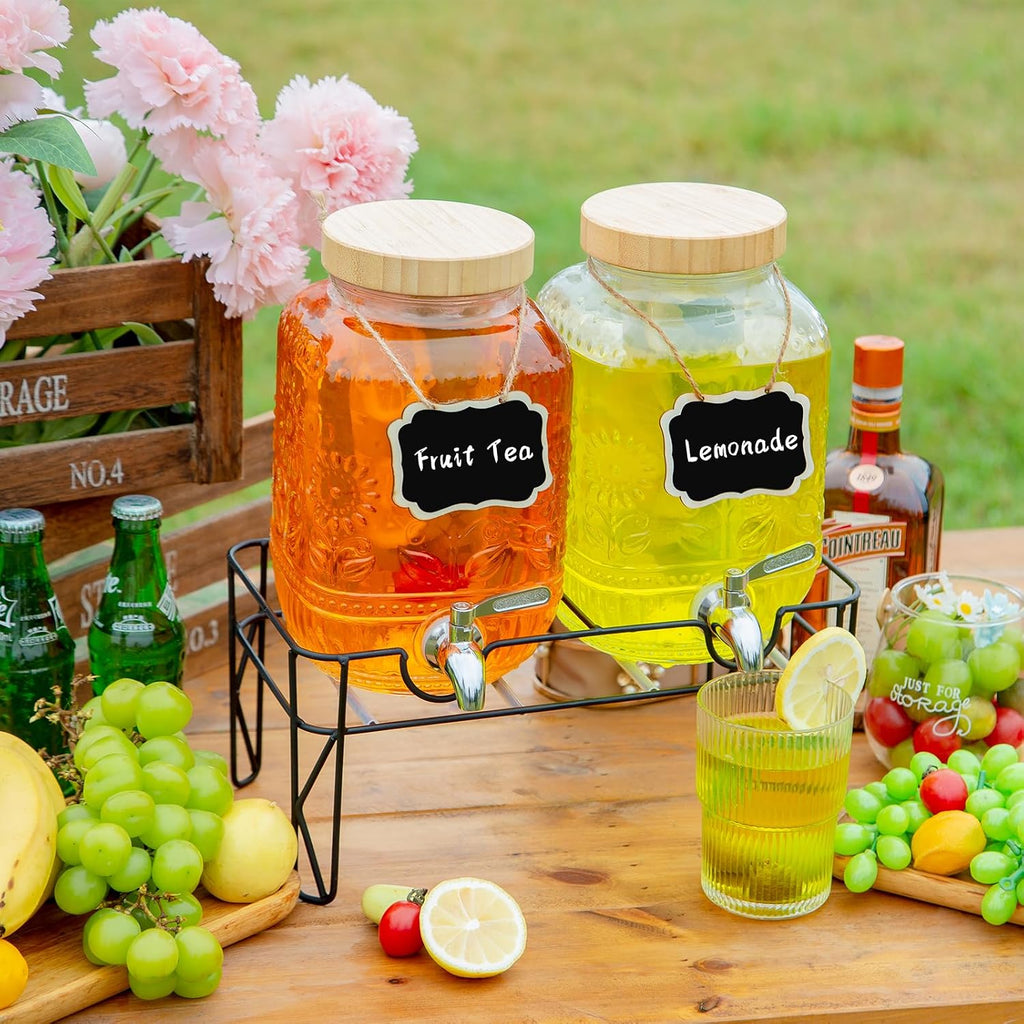 2-Pack1Gallon for Parties,Beverage Dispenser with Stainless Steel Leakproof Spigot/Stand/Bamboo Lids/Fruit - Set of 2