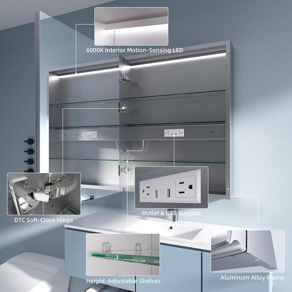 Medicine Cabinet with Lights 24x30 Anti-Fog Mirror Dimmable | 3 Color Dimmable LED. Time Temp Display. Anti-Fog IP44.