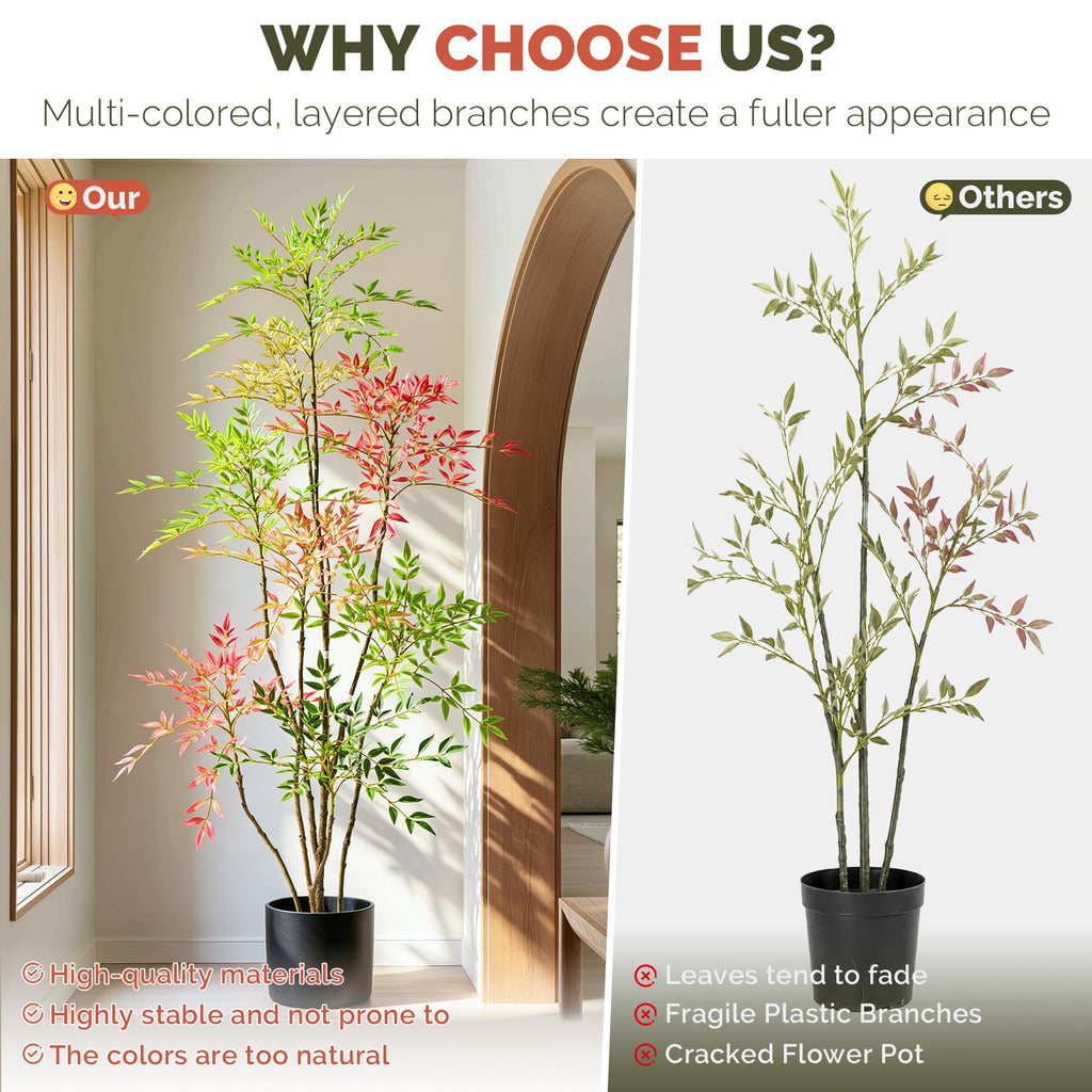 6.5ft Faux Bamboo Tree Artificial Nandina Tree Artificial Indoor Plants Realistic Fake Potted Tree with 800+ Leaves